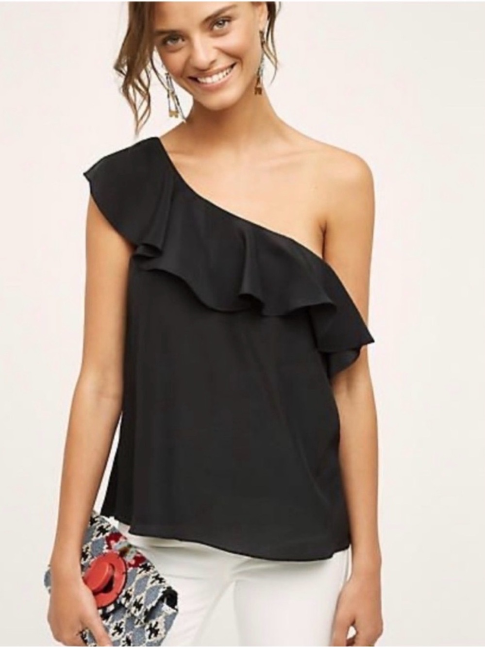 Maeve by Anthropologie Black One-Shoulder Ruffle Camisole